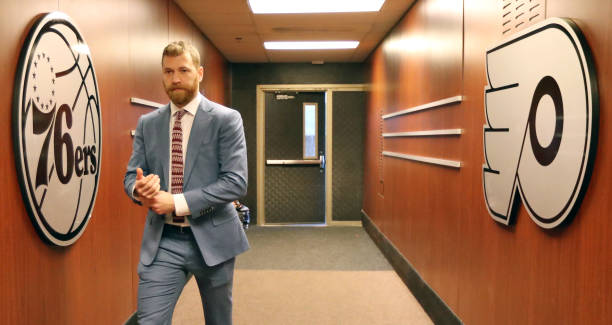 Claude Giroux of the Philadelphia Flyers enters the building on route to the locker room prior to his game against the New York Rangers on December...