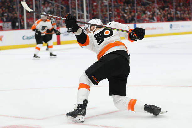 Claude Giroux of the Philadelphia Flyers shoots the puck against the Washington Capitals during the first period at Capital One Arena on March 4,...