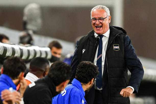 Claudio Ranieri head coach of Sampdoria laughs during the Serie A match between UC Sampdoria and Parma Calcio at Stadio Luigi Ferraris on May 22,...