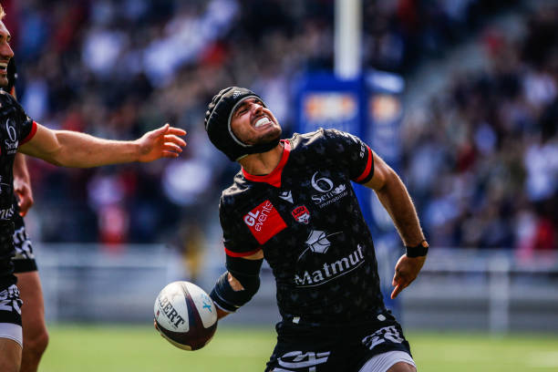 Clement LAPORTE of Lyon OU celebrate his try during the Top 14 match between Lyon and Montpellier at MATMUT Stadium on April 30, 2022 in Lyon, France. (Photo by Johnny Fidelin/Icon Sport via Getty Images)