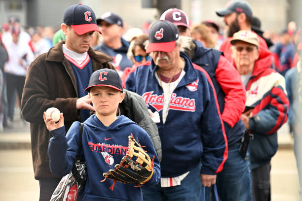Cleveland Guardians fan waits to enter the ballpark prior to the home opener against the San Francisco Giants at Progressive Field on April 15, 2022...