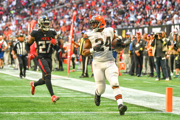 Cleveland running back Nick Chubb runs for a second-half touchdown during the NFL game between the Cleveland Browns and the Atlanta Falcons on...