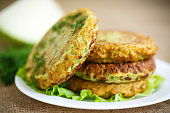 Close-up of four cabbage burger patties