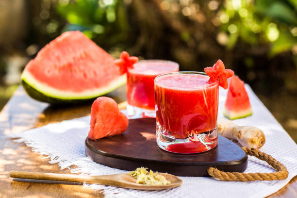 close-up of fruits on table - watermelon juice stock pictures, royalty-free photos & images