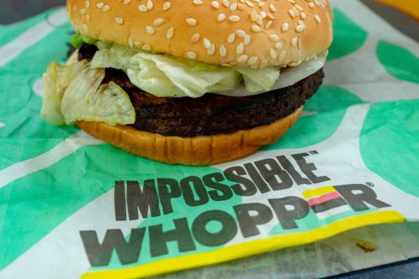 Close-up of Impossible Whopper, a meat-free item using engineered, plant-protein based burger patty from food technology company Impossible, during a...