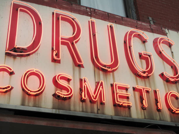Closeup of Vintage Drugstore Cosmetics Sign in the East Village in Manhattan, New York City