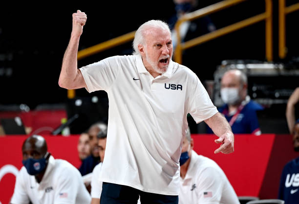 Coach Gregg Popovich of the USA shows his emotions during the quarter final Basketball match between the USA and Spain on day eleven of the Tokyo...
