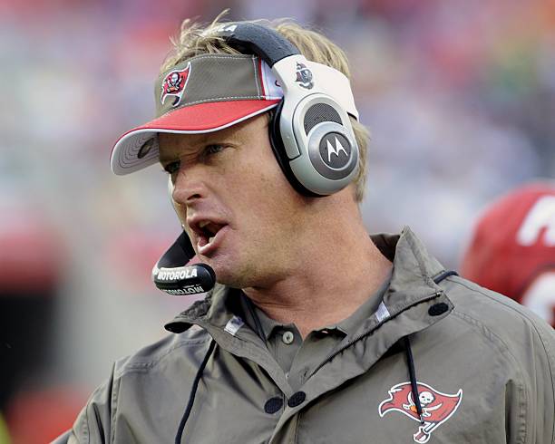 Coach Jon Gruden of the Tampa Bay Buccaneers directs play against the New Orleans Saints at Raymond James Stadium on November 30, 2008 in Tampa,...