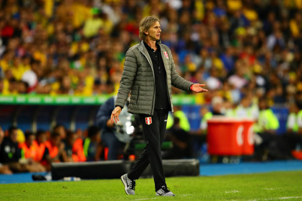 Coach of Peru Ricardo Gareca gestures from the sidelines during the Copa America Brazil 2019 Final match between Brazil and Peru at Maracana Stadium...