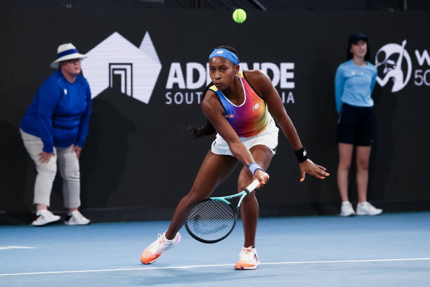 Coco Gauff of United States plays a forehand during the WTA singles match between Ash Barty of Australia and Coco Gauff of United States on day three...