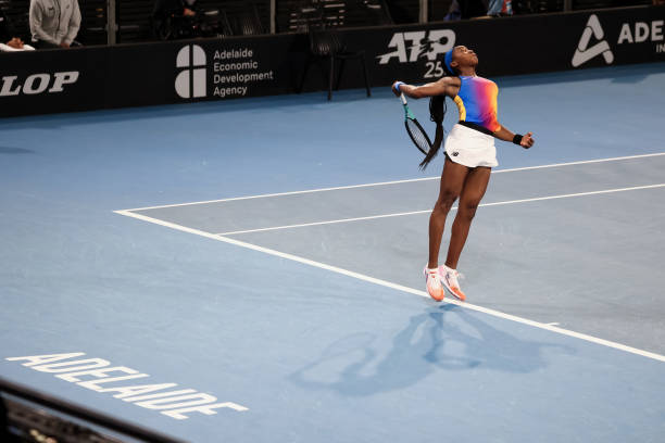 Coco Gauff of United States serves the ball during the WTA singles match between Ash Barty of Australia and Coco Gauff of United States on day three...