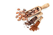 Cocoa beans, chocolate shavings and cocoa powder