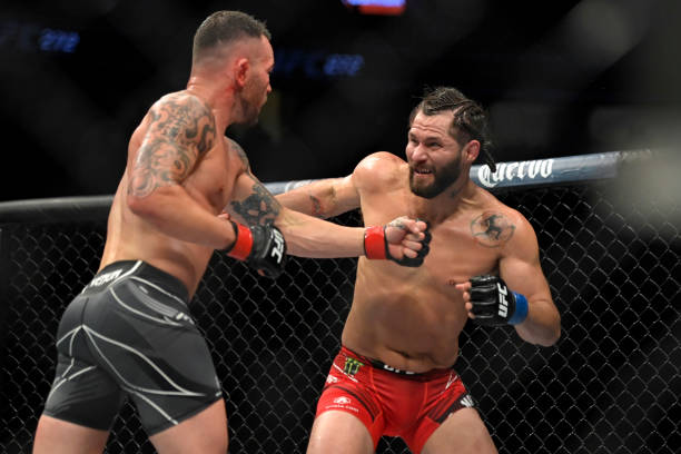 Colby Covington and Jorge Masvidal battle in their welterweight fight during UFC 272 at T-Mobile Arena on March 05, 2022 in Las Vegas, Nevada.