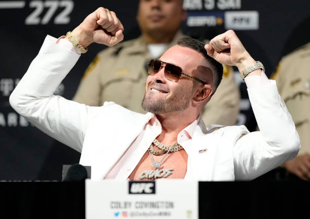 Colby Covington is seen on stage during the UFC 272 press conference on March 03, 2022 in Las Vegas, Nevada.