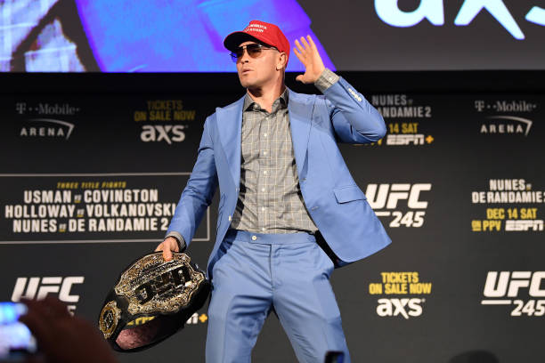 Colby Covington poses on stage during the UFC 245 press conference at the Hulu Theatre at Madison Square Garden on November 1, 2019 in New York, New...