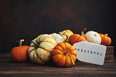 Collection of miniature pumpkins in wooden crate with GRATEFUL message for Fall and Thanksgiving