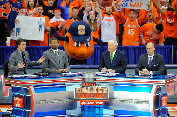 College GameDay hosts Rece Davis, Jalen Rose, Digger Phelps and Jay Bilas prior to the game between the Duke Blue Devils and the Syracuse Orange at...
