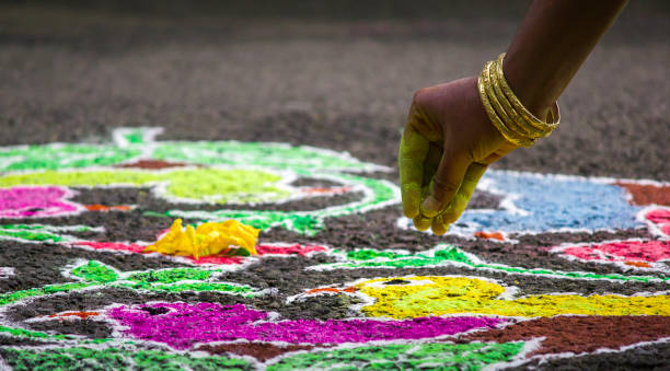 colorful indian kolam drawing, tamil nadu, india - pongal festival stock pictures, royalty-free photos & images