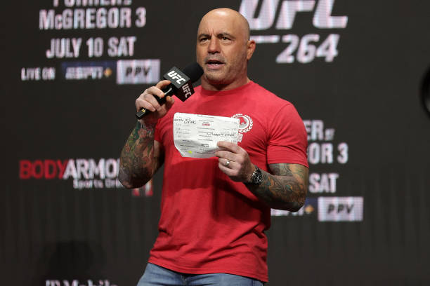 Commentator Joe Rogan announces the fighters during a ceremonial weigh in for UFC 264 at T-Mobile Arena on July 09, 2021 in Las Vegas, Nevada.