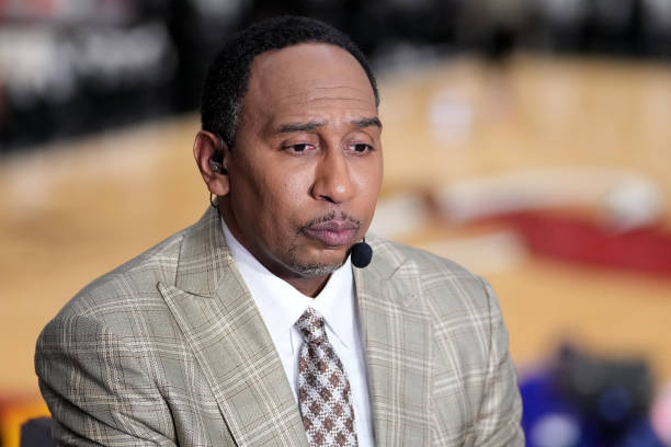 Commentator Stephen A. Smith looks on prior to Game Five between the Boston Celtics and the Miami Heat in the 2022 NBA Playoffs Eastern Conference...