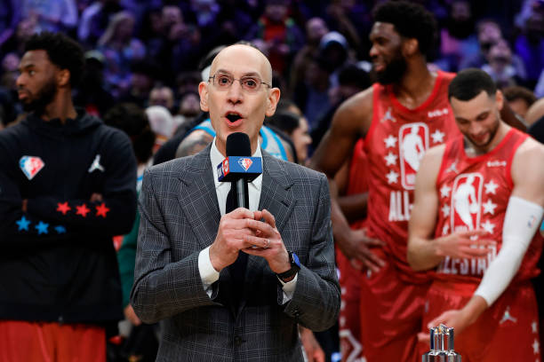 Commissioner Adam Silver announces the Kobe Bryant MVP Trophy during the 2022 NBA All-Star Game at Rocket Mortgage Fieldhouse on February 20, 2022 in...