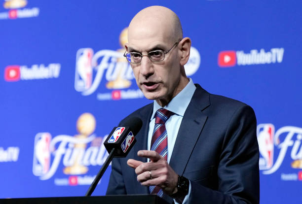Commissioner Adam Silver speaks to the media prior to Game One of the 2022 NBA Finals between the Golden State Warriors and the Boston Celtics at...