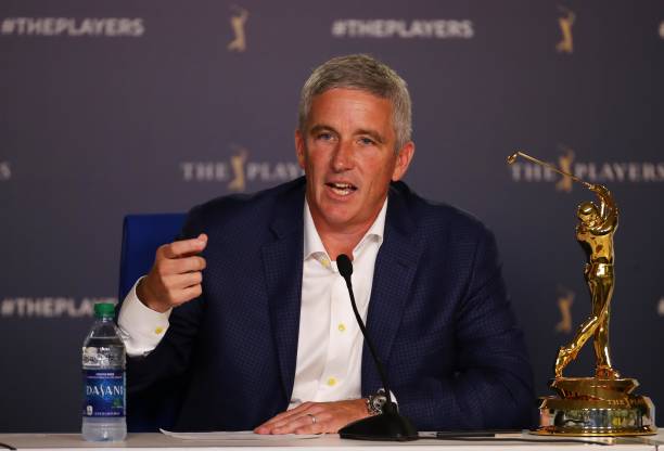 Commissioner Jay Monahan speaks to the media during a practice round for The PLAYERS Championship on The Stadium Course at TPC Sawgrass on March 13,...