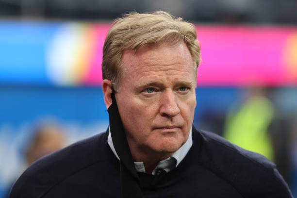 Commissioner Roger Goodell looks on before the Las Vegas Raiders play against the Los Angeles Chargers at SoFi Stadium on October 4, 2021 in...