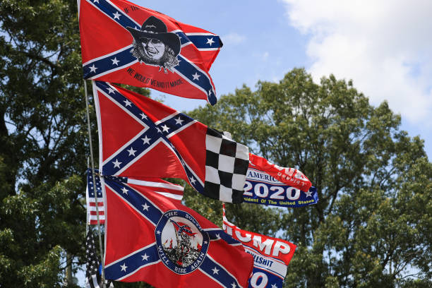 Confederate flag merchandise is seen at a hut across the street from the Talladega Superspeedway prior to the NASCAR Cup Series GEICO 500 on June 22,...