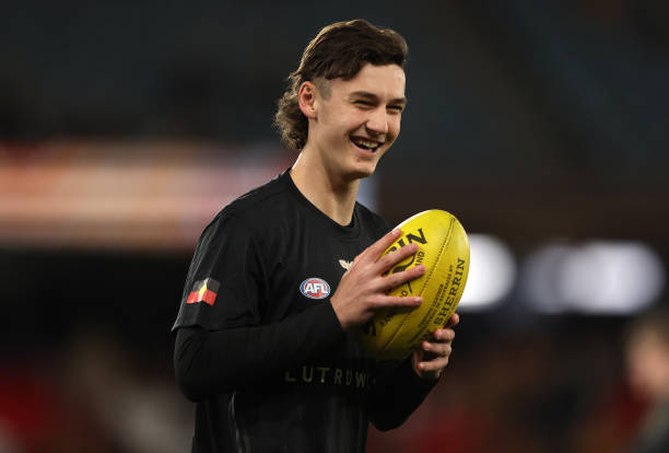 Connor Macdonald of the Hawks warms up prior to the round 17 AFL match between the Hawthorn Hawks and the Adelaide Crows at Marvel Stadium on July...