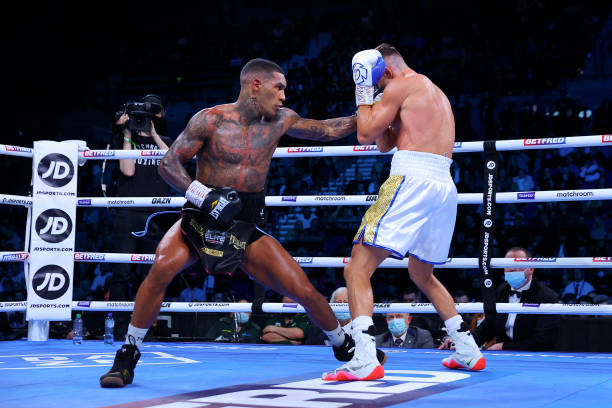 Conor Benn punches Chris Algieri during the WBA Continental Welterweight Title fight between Conor Benn and Chris Algieri at M&S Bank Arena on...