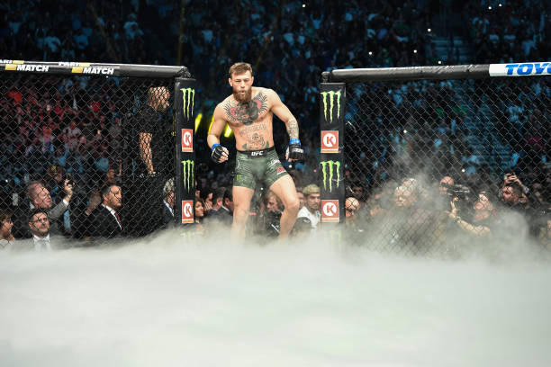 Conor McGregor of Ireland enters the Octagon before facing Khabib Nurmagomedov of Russia in their UFC lightweight championship bout during the UFC...