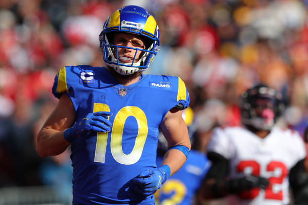 Cooper Kupp of the Los Angeles Rams reacts after scoring a touchdown in the second quarter of the game against the Tampa Bay Buccaneers in the NFC...