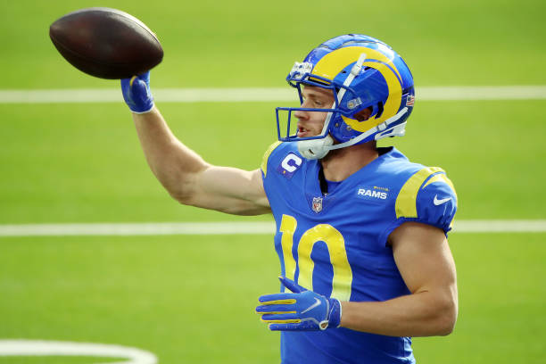 Cooper Kupp of the Los Angeles Rams warms up before the game against the San Francisco 49ers at SoFi Stadium on November 29, 2020 in Inglewood,...