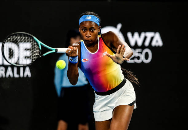 Cori Gauff of the USA in action against Katerina Sinakova of Czechoslovakia during day three of the 2022 Adelaide International at Memorial Drive on...
