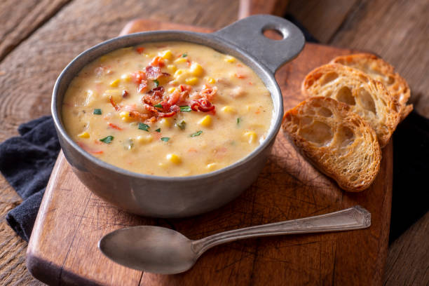 corn chowder - soup stock pictures, royalty-free photos & images