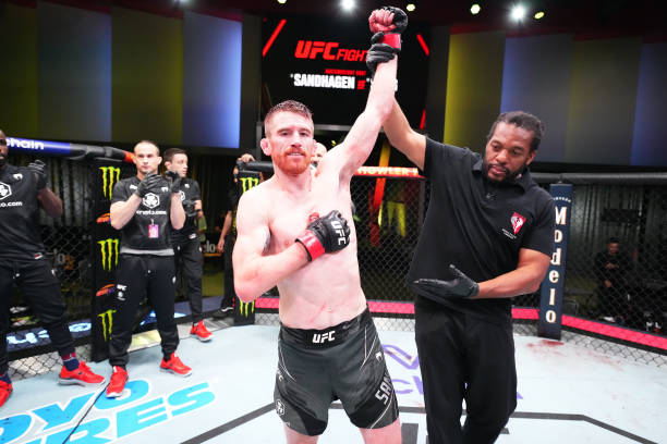 Cory Sandhagen reacts after defeating Song Yadong of China in a bantamweight fight during the UFC Fight Night event at UFC APEX on September 17, 2022...