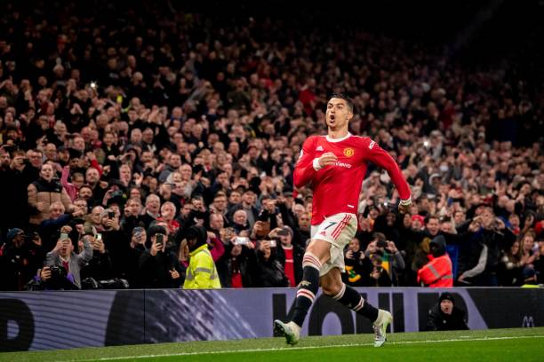 Cristiano Ronaldo of Manchester United celebrates scoring a goal to make the score 2-0 during the Premier League match between Manchester United and...