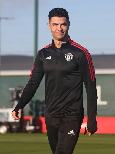 Cristiano Ronaldo of Manchester United in action during a first team training session at Carrington Training Ground on January 13, 2022 in...