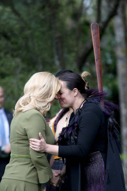 Croatian President Kolinda Grabar-Kitarovicon shares a traditional maori greeting of a hongi at Government House August 19, 2017 in Auckland, New Zealand. President Kolinda Grabar-Kitarovic is on a four day visit to New Zealand.