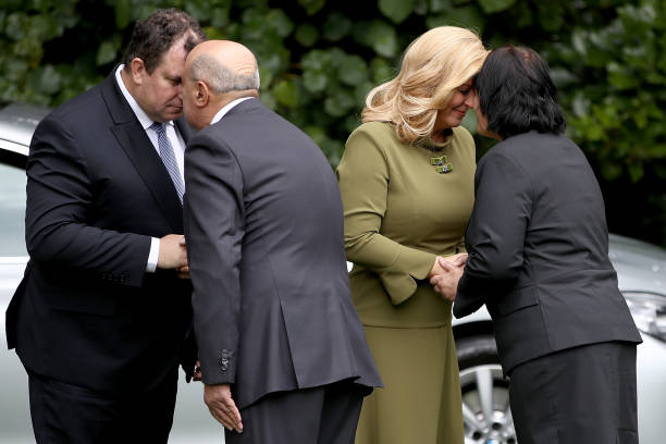 Croatian President Kolinda Grabar-Kitarovicon (R) shares a traditional maori greeting of a hongi at Government House August 19, 2017 in Auckland, New Zealand. President Kolinda Grabar-Kitarovic is on a four day visit to New Zealand.