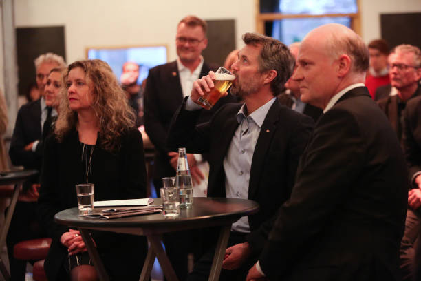 Crown Prince Frederik of Denmark drinks a beer as he attends the launch of the "Neustart German-Danish Music Cooperation" program for musicians, at...