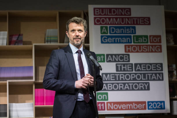 Crown Prince Frederik of Denmark speaks during a visit to Aedes Architecture Forum on November 11, 2021 in Berlin, Germany. The Danish queen and her...