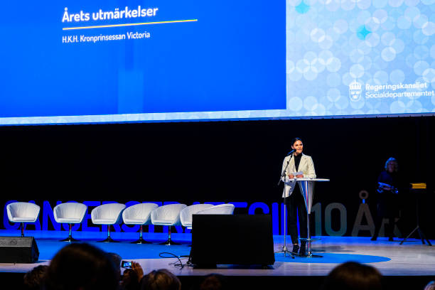 Crown Princess Victoria of Sweden gives a speech during a seminar on cancer strategy at the Karolinska Institute on February 3 2020 in Stockholm...