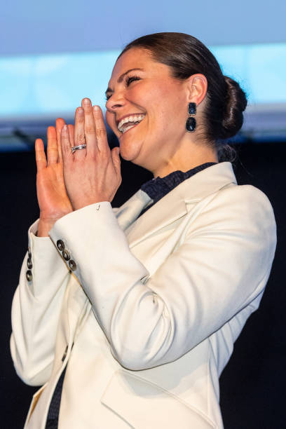 Crown Princess Victoria of Sweden gives out prizes to health care professionals during a seminar on cancer strategy at the Karolinska Institute on...