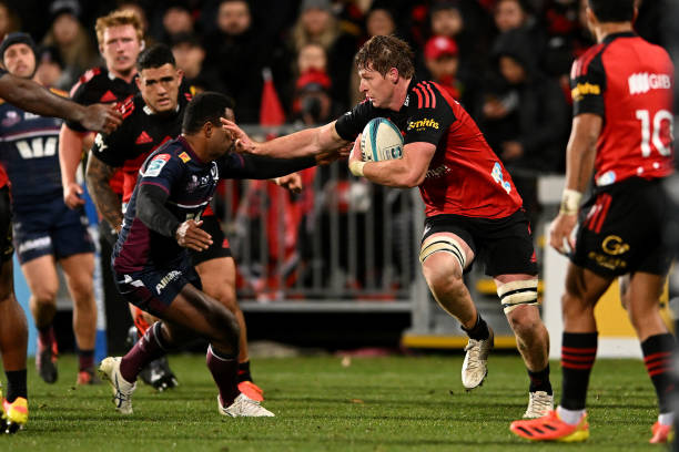 CHRISTCHURCH, NEW ZEALAND - JUNE 03: Cullen Grace of the Crusaders charges forward during the Super Rugby Pacific Quarter Final match between the Crusaders and the Queensland Reds at Orangetheory Stadium on June 03, 2022 in Christchurch, New Zealand. (Photo by Joe Allison/Getty Images)