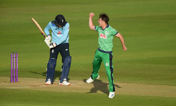 Curtis Campher of Ireland celebrates after taking the wicket of Tom Banton of England during the Second One Day International between England and...