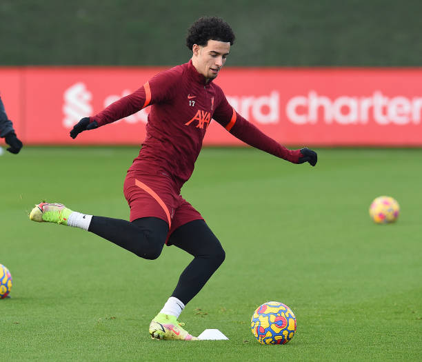 Curtis Jones of Liverpool during a training session at AXA Training Centre on December 24, 2021 in Kirkby, England.