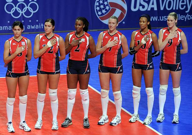 Cynthia Barboza, Cassie Busse, Danielle Scott-Arruda, Heather Bown, Kim Glass and Jennifer Jones of the USA stand on the court during the playing of...