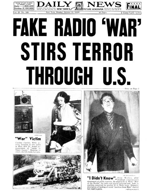 Daily News Front page October 31, 1938 Headline: FAKE RADIO 'WAR' STIRS TERROR THROUGH U.S. Orson Welles, after broadcast, expresses amazement at...